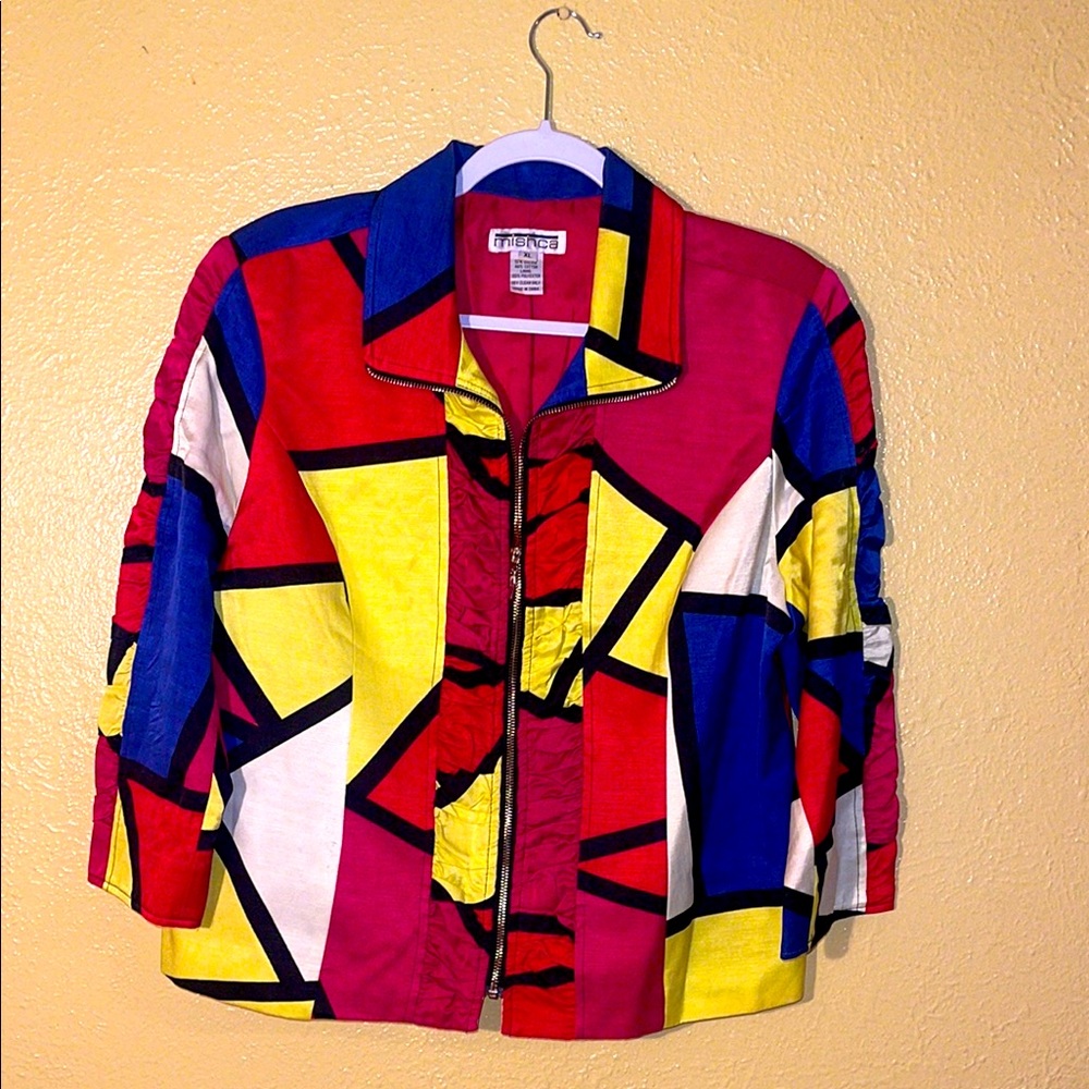 Mishka Red and Blue Bomber Jacket Geometric Color-Block